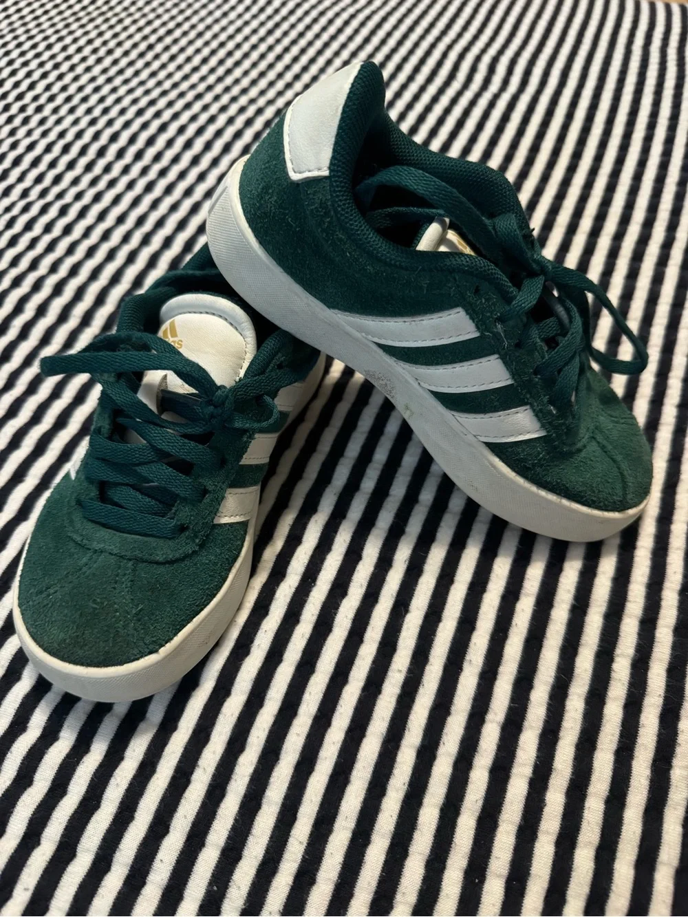 adidas Kids Dark Green Suede Sneakers with White Stripes